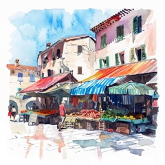 Fototapeta premium Watercolor painting of a quaint village marketplace, with colorful awnings providing shade for stalls selling fresh produce and handcrafted goods,Generative AI