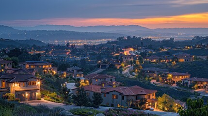 A panoramic view captures the beauty of a neighborhood at dusk, where twinkling lights and welcoming homes promise comfort and security.