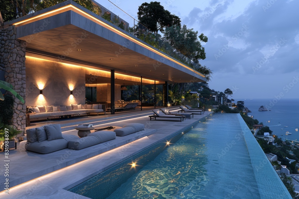 Poster luxurious infinity pool with ocean views at twilight, surrounded by modern architecture and elegant 