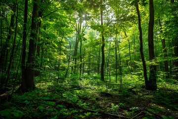 Naklejka premium A sprawling, lush green forest teeming with numerous towering trees, creating a serene and enchanting haven of natures grandeur. Generative AI