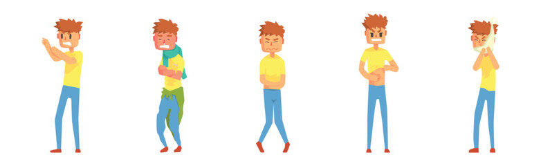 Sick Man Character Feel Unwell Look Unhappy Vector Set