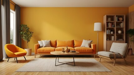 Simple room: 3D model of a modern timber living room with an orange armchair against a blank yellow wall