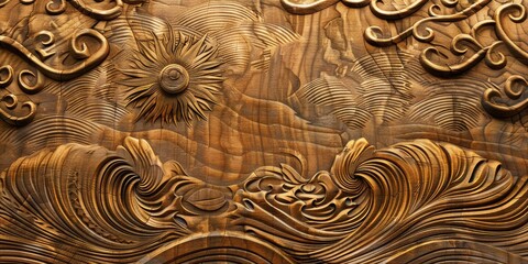 Intricate engravings on wood, featuring summer motifs such as suns, waves, and palm trees, rendered in a way that highlights the natural beauty and texture of the wood, ai generated