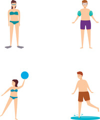 Set of four cartoon people in swimwear enjoying summer activities