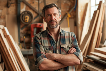 A portrait of a serious-looking carpenter mature man on his work background.