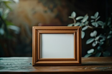 Wooden photo frame on rustic table