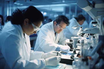 A scientist, possibly a doctor or researcher, peers intently into a microscope in a bright laboratory