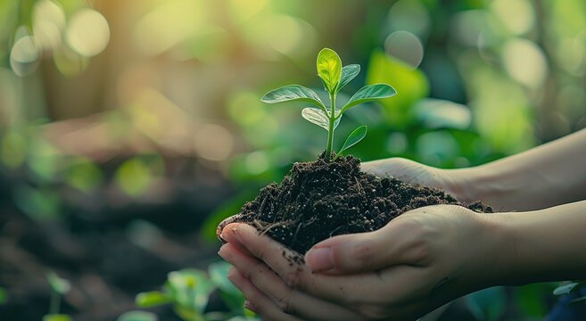 closeup of hands holding soil with a plant growing