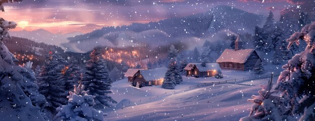 Cozy cabin in a snowy mountain village, with a pink sunset and falling snow