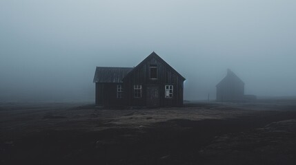 Small houses on dark, foggy ground, AI-generated.