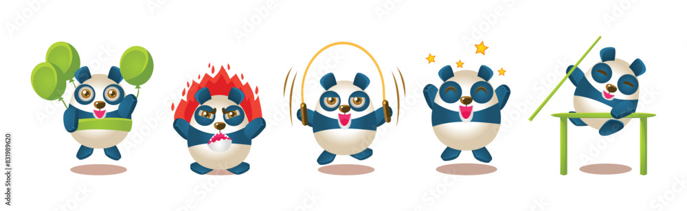 Poster funny panda character emotion and different action vector set