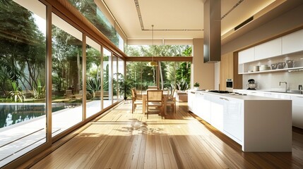 Bright Kitchen interior in a new luxury home with kitchen island and wooden floor, white center counter, wooden dining table and long glass windows