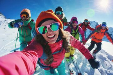 A group of happy and excited young Indian people in colorful snow gear In kashmir climb up the snowy mountain
