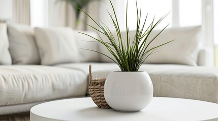 Close up of a coffee table with white round vase with plant in a can basket with white sofa in a minimalistic living room