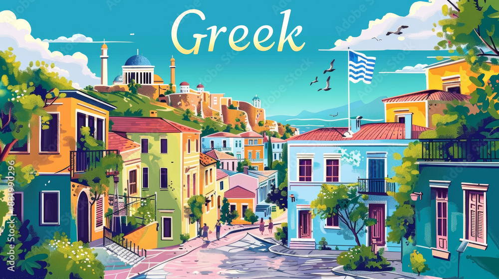 Wall mural greek cityscape, in the style of graphic design-inspired illustrations, travel poster - Wall murals