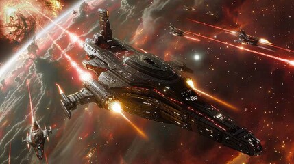 Epic space battle between fleets of starships amidst swirling nebulae and sparkling stars.