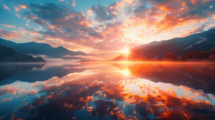 Fototapeta premium Beautifull color of clouds reflextion over water in tones of sun beem light in the morning,