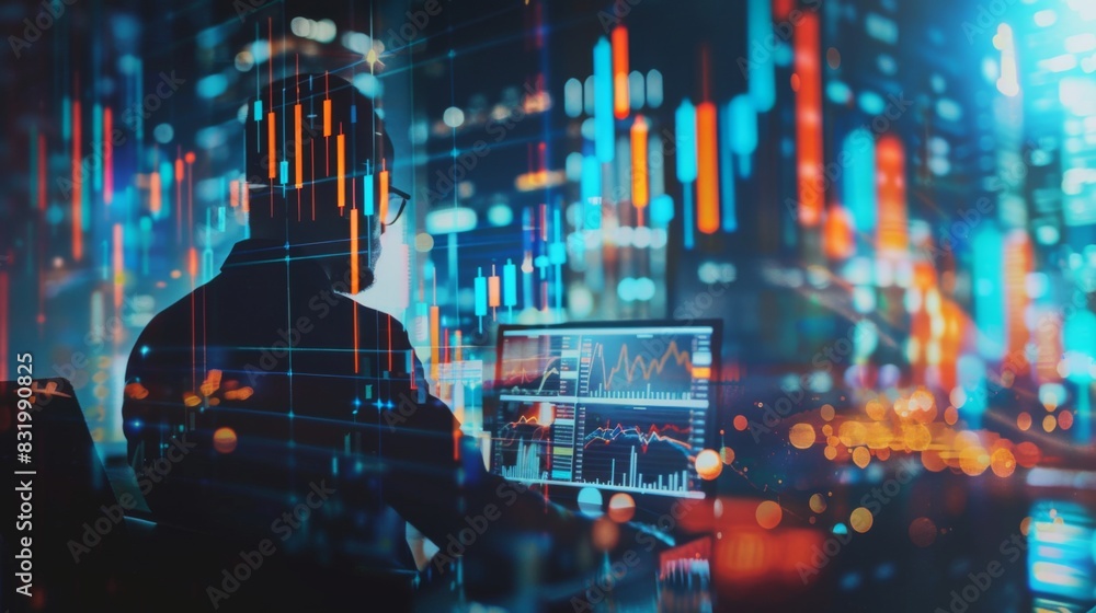 Poster Multi exposure of market chart with man working on computer