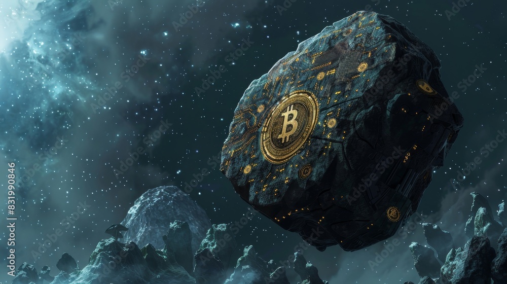 Poster a the endless sea of digital currency a solitary asteroid stands out its surface covered in intricat
