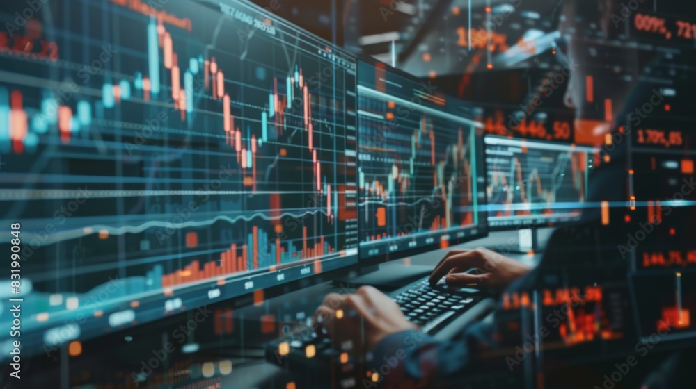 Poster multi exposure of market chart with man working on computer