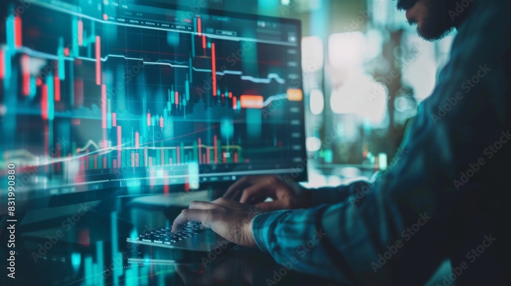 Aufkleber multi exposure of market chart with man working on computer