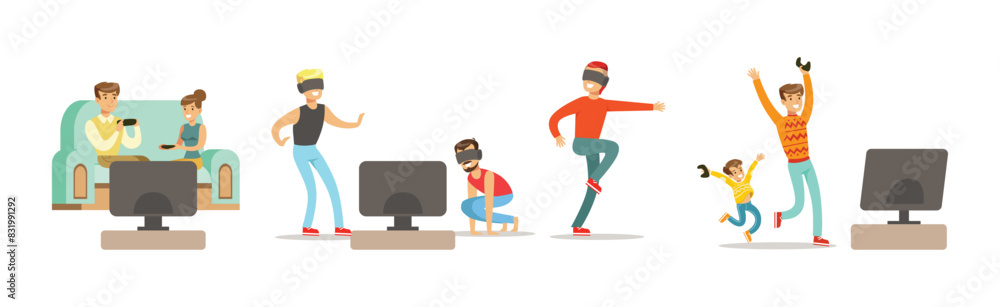 Poster happy people character playing video game with gamepad vector set