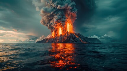 Volcano eruption on an island in the ocean,