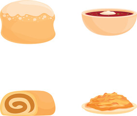 Set of four different baked goods, including bread, soup, roll, and pie, isolated on white