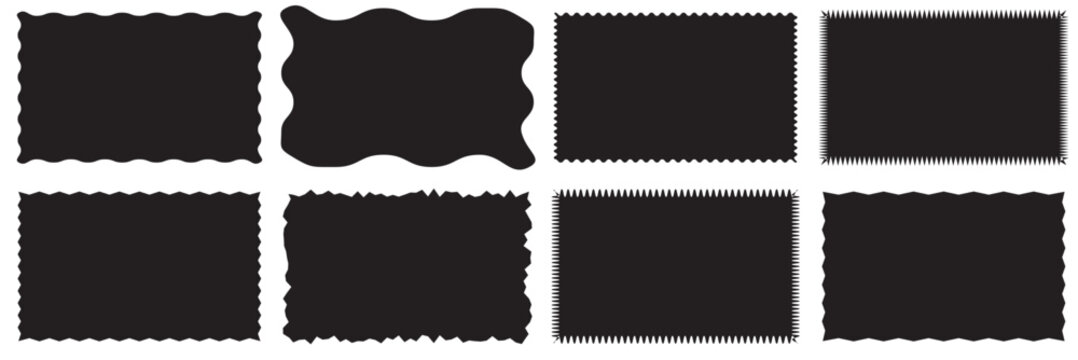 Rectangle Geometric shape frame with wavy edges. Zigzag Wavy Edge rectangle shapes elements set. Vector wavy badge for stickers, banner, social media template, poster, frame.  Vector illustration.