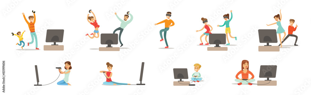Poster happy people character playing video game with gamepad vector set