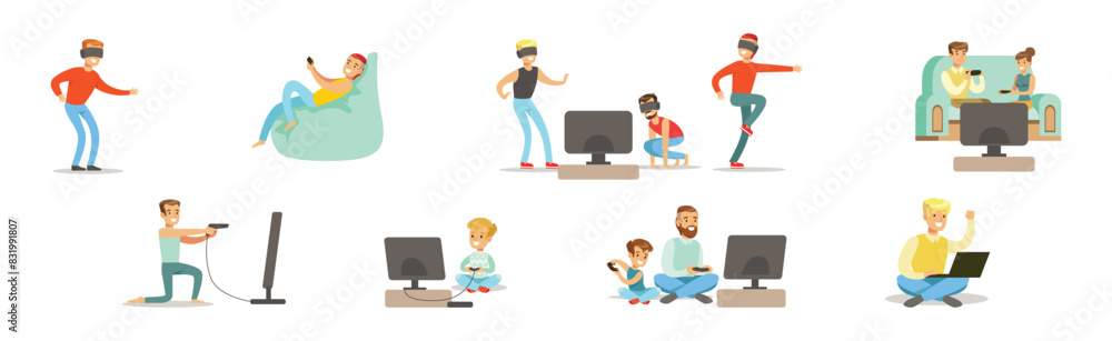 Poster happy people character playing video game with gamepad vector set
