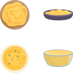 Set of four colorful vector illustrations of delicious creamy soups in various bowls