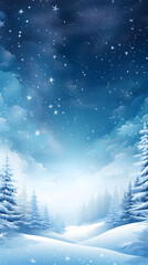 Snow covers the landscape, surrounding trees while snowflakes fall from the sky creating a winter wonderland scene