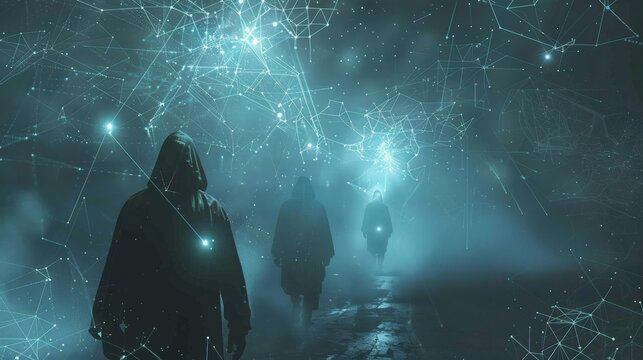 Hidden identities and secure transactions illustrated by hooded figures moving through a hazy blockchain realm.