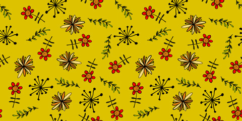 Seamless pattern with flowers and leaves. Summer repeating pattern. Children's background. Green print for clothes.