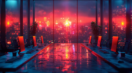 Modern neon cyberpunk open space office interior blurred with information technology overlay. Corporate strategy for finance, operations, and marketing. Tables with computers for work. Technology