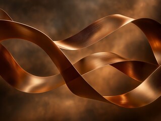 Two intertwined copper ribbons gracefully twist against a blurred, warm-toned background, creating a sense of fluidity and elegance.