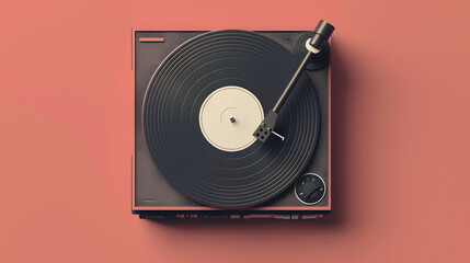 A record player sits on a vibrant pink background, ready to play music with its spinning turntable and needle