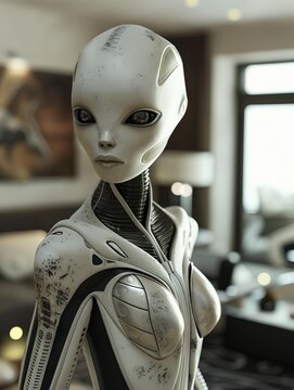 Futuristic alien robot figure in a dark room