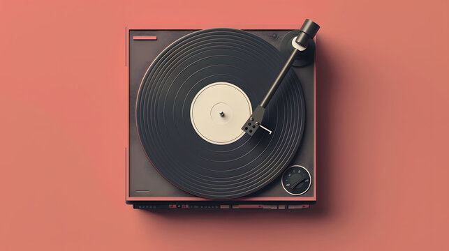 A record player sits on a vibrant pink background, ready to play music with its spinning turntable and needle