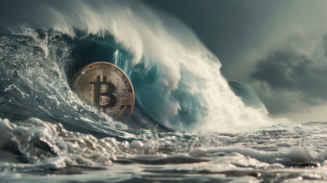 An intense towering wave representing the adrenaline rush of successful crypto arbitrage trades.