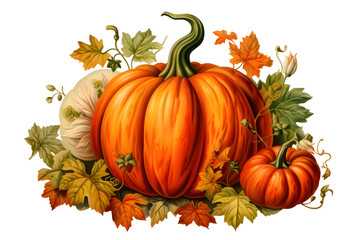 A painting depicting a vibrant orange pumpkin surrounded by a colorful array of autumn leaves