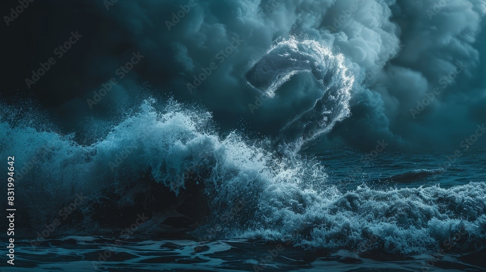 Poster a wave with a question mark shape highlighting the unpredictable nature of the crypto market and the