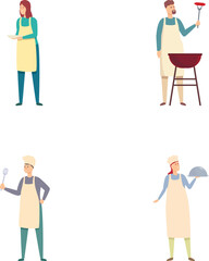 Illustrations of individuals cooking on a grill, baking, and preparing food, isolated on a white background