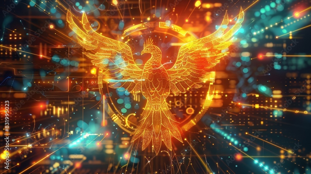Poster a digital rendering of a phoenix surrounded by various types of cryptocurrency symbols denoting the 
