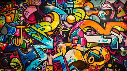 Fototapeta premium A graffiti wall with a melting pot of cultural symbols and vibrant hues