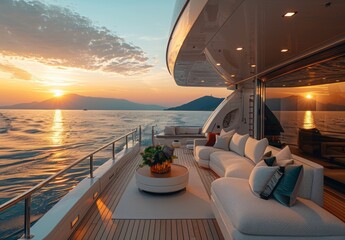 Fototapeta premium Set sail on a journey of extravagance aboard this exclusive private yacht, where a stylish lounge area awaits on deck, offering panoramic ocean views as the sun sets in the distance.