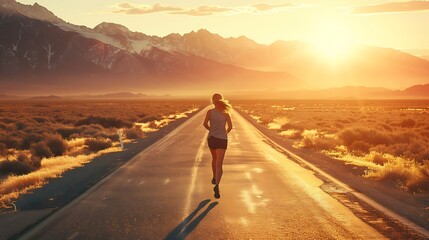 A woman running on an open road with mountains in the distance, the sunrise casting a golden glow, representing her journey towards her personal goals and the pursuit of her dreams