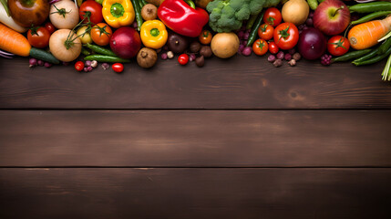 Various types of fresh and colorful vegetables neatly arranged on a wooden table backgound