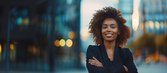 Confident Smiling African American Businesswoman, Crossed Arms, Corporate Buildings, Leadership, Empowerment, Copy Space.